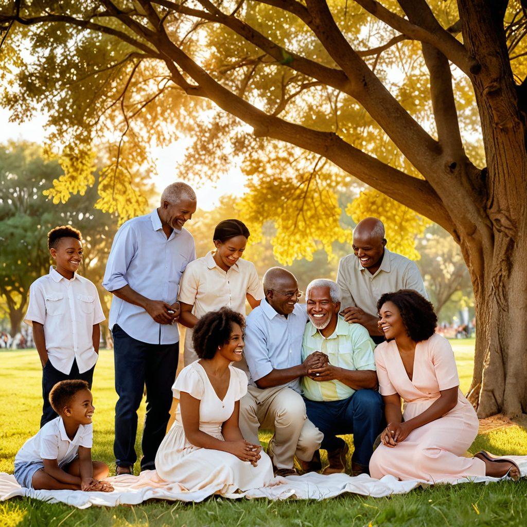 A warm and emotional scene depicting a diverse group of individuals embracing their fathers in a sunlit park, showcasing joy, tears, and smiles. In the background, a soft sunset adds a golden hue, symbolizing hope and reunion. Include elements like family trees and old photographs scattered on the grass, signifying memories. Illustrate a sense of connection and love among generations. painterly style. warm colors. natural setting.