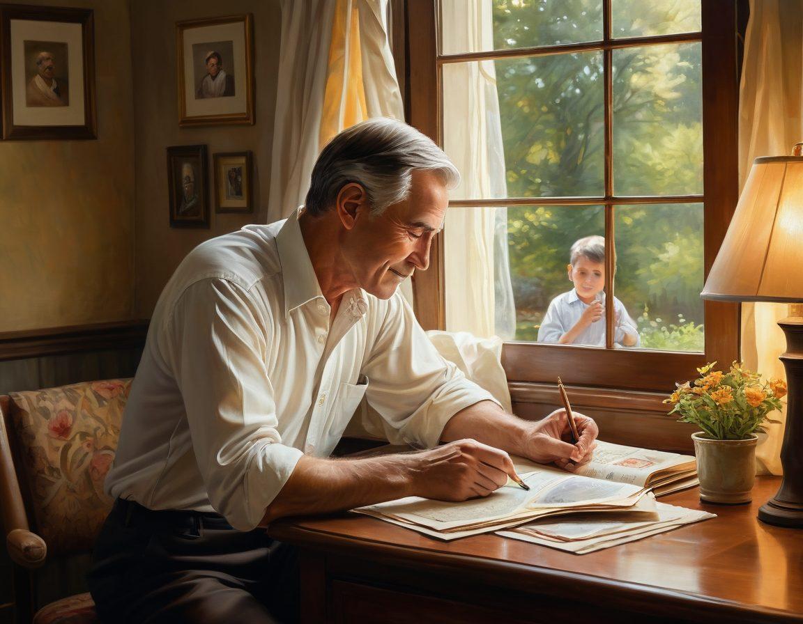 A warm and heartfelt scene depicting a father and child engaging in a nostalgic activity together, surrounded by cherished family photographs and memorabilia. The background should evoke a sense of home, filled with soft lighting and rich textures. The father's expression is one of joy and wisdom, while the child's face radiates curiosity and wonder. Include a subtle touch of nature outside the window, symbolizing growth and connection. painting. warm colors. soft focus.