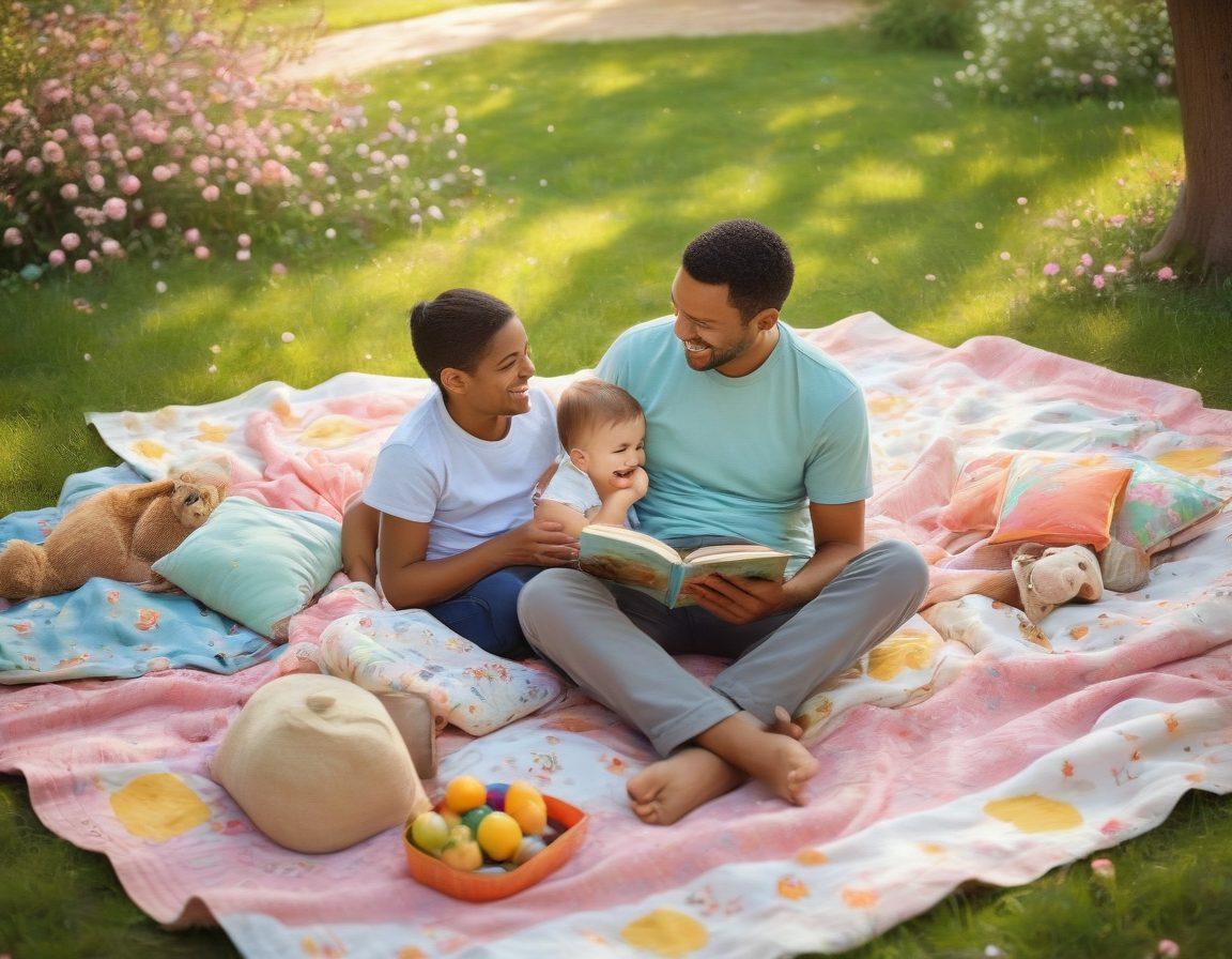 A heartwarming scene depicting a father and child joyfully reconnecting in a sunlit park, surrounded by blooming flowers and playful animals. The child has a beaming smile, while the father embraces them warmly. Include elements of laughter, a picnic blanket, and shared memories illustrated through colorful, floating books around them. Illustrate in a soft, painterly style to evoke warmth and nostalgia. pastel colors. soft focus.